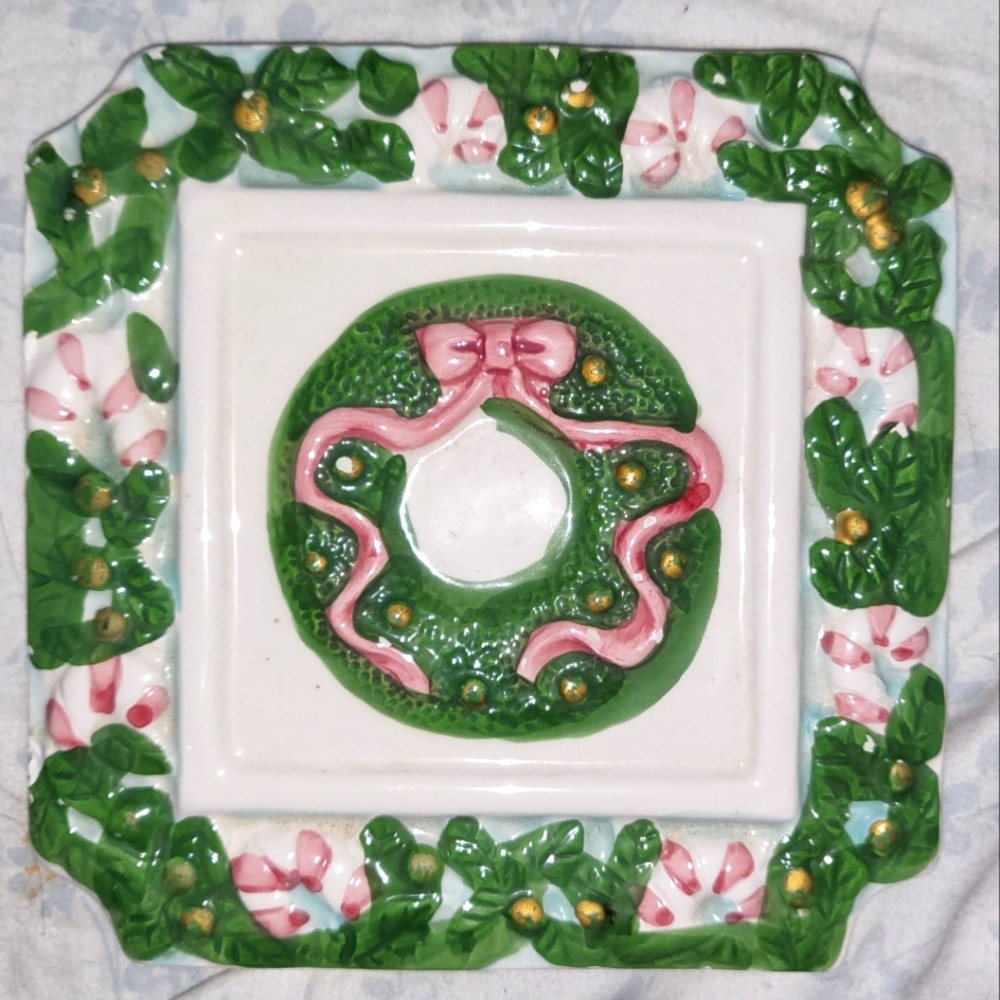 Hermitage Pottery Pink Ribbon Christmas Wreath Trivet 1998